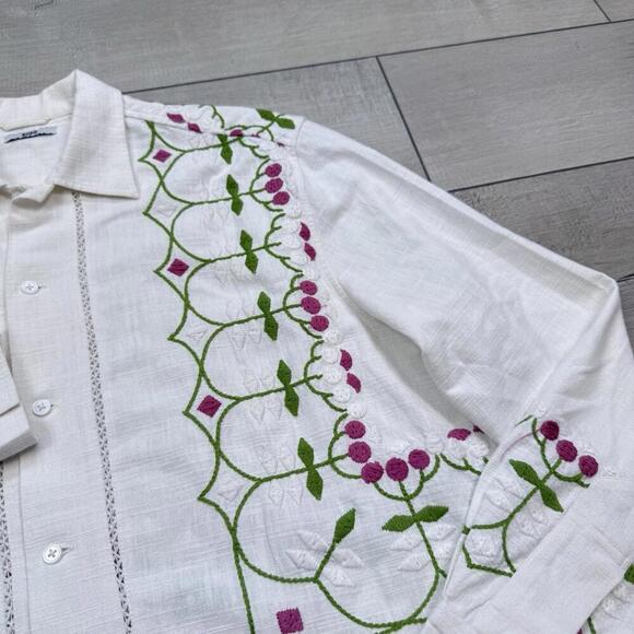 BODE Mens White Embroidered Nouveau Fleur Shirt Size L/XL plain-woven linen Boho - Picture 4 of 15